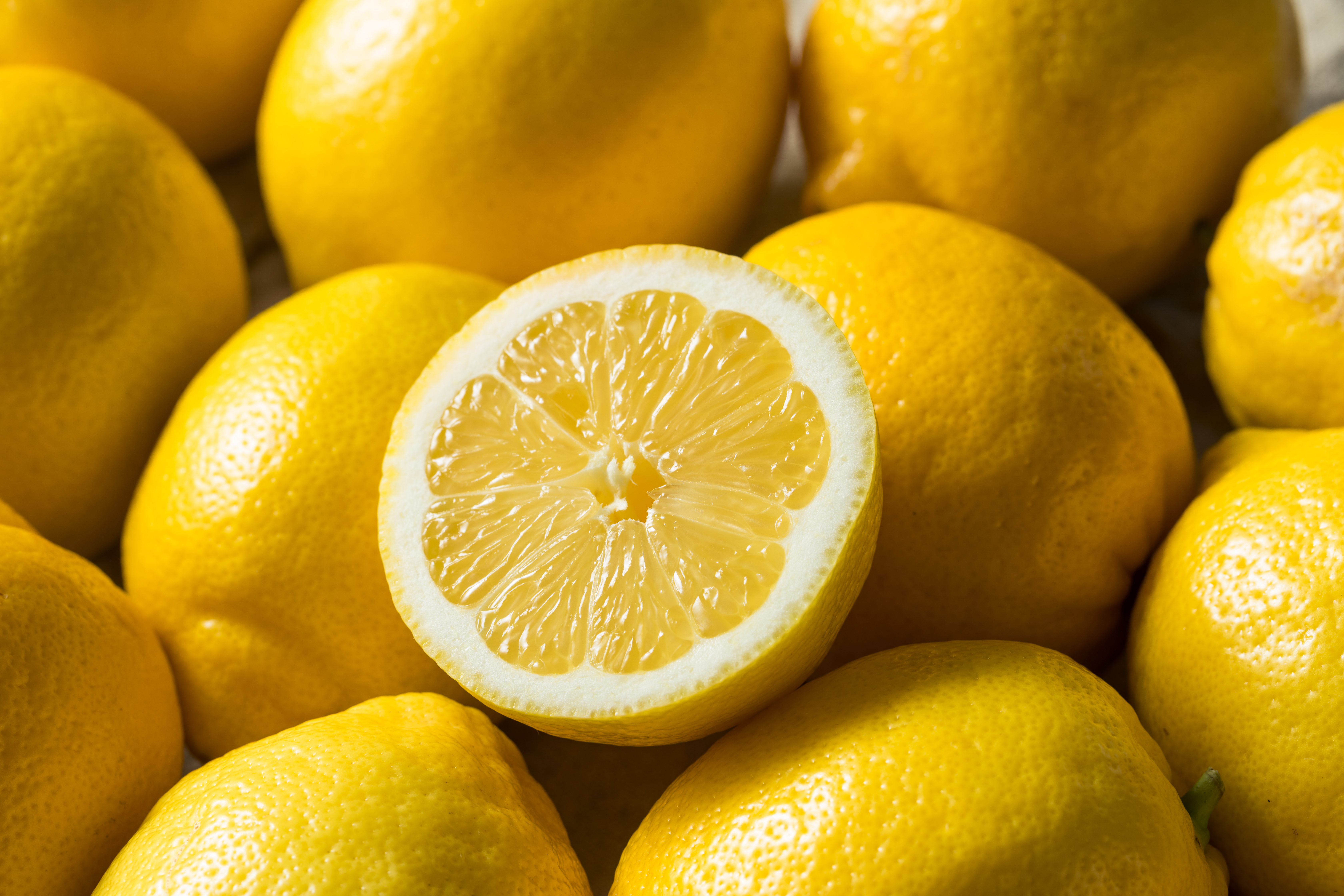 Fresh organic lemons, one sliced open